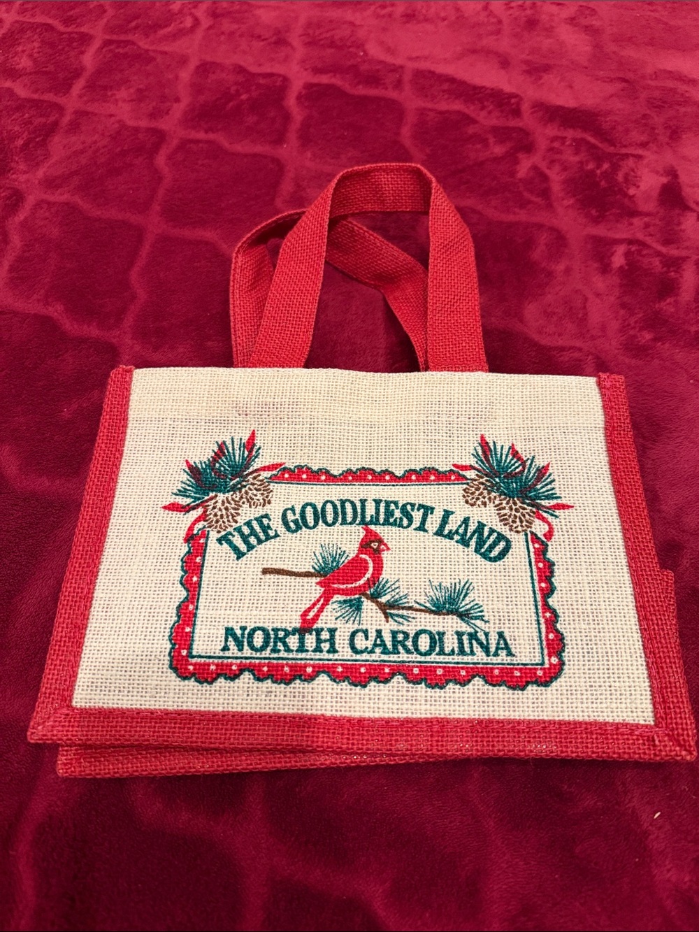 The Goodliest Land North Carolina Jute Tote - Red & Natural Holiday Gift Bag - Picture 2 of 4